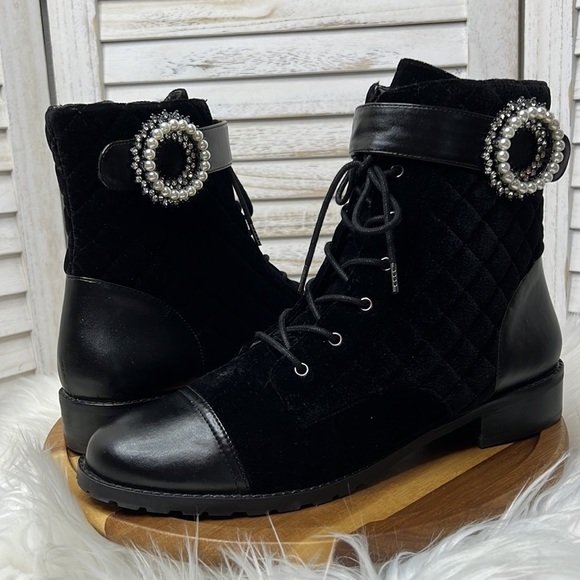 White House Black Market Shoes - White HOUSE BLACK MARKET l Black Quilted Velvet Combat Boots Size 11
